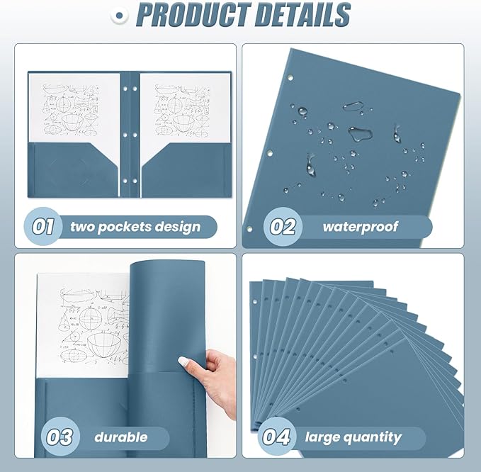 Yeaqee 50 Pcs Plastic Folders with Pockets Bulk 3 Hole Punched 2 Pocket File Folders for 3 Ring Binder Divider Folder for Notebooks, Durable Poly for Office Home (Blue Gray)