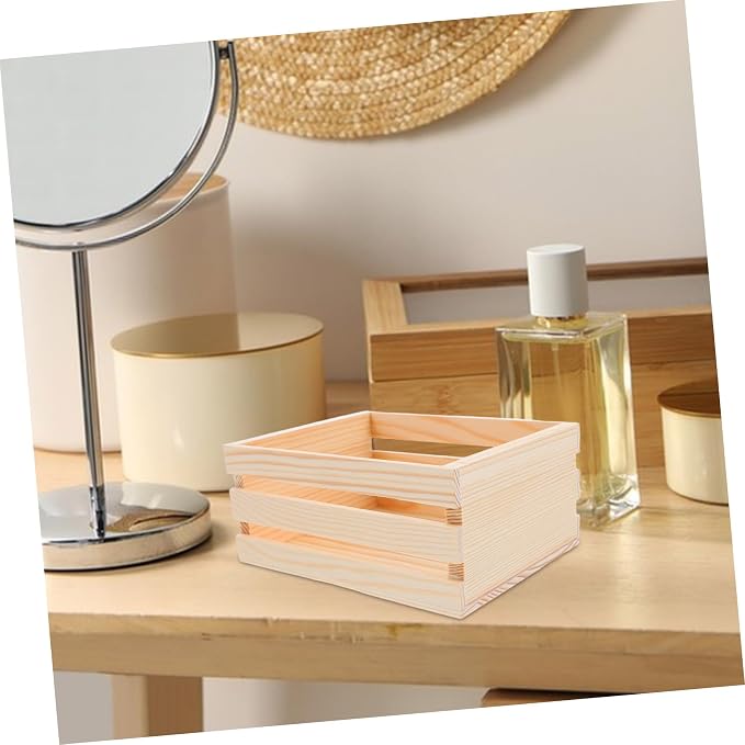 VALICLUD Box Desktop Wooden Storage Basket Hamper Storage Bins Small Wood Basket Desk Storage Basket Decorative Crate Living Room Basket Wooden Crates for Decor Kitchen Bins Beige