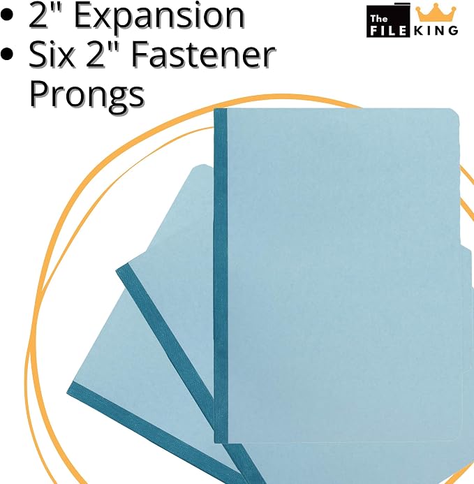 The File King Pressboard Classification Pale Blue Partition File Folder | Legal Size - Box of 10 | Two Dividers | Six 2” Durable Fastener Prongs | 2/5 Cut Top Tab | 2” Expansion