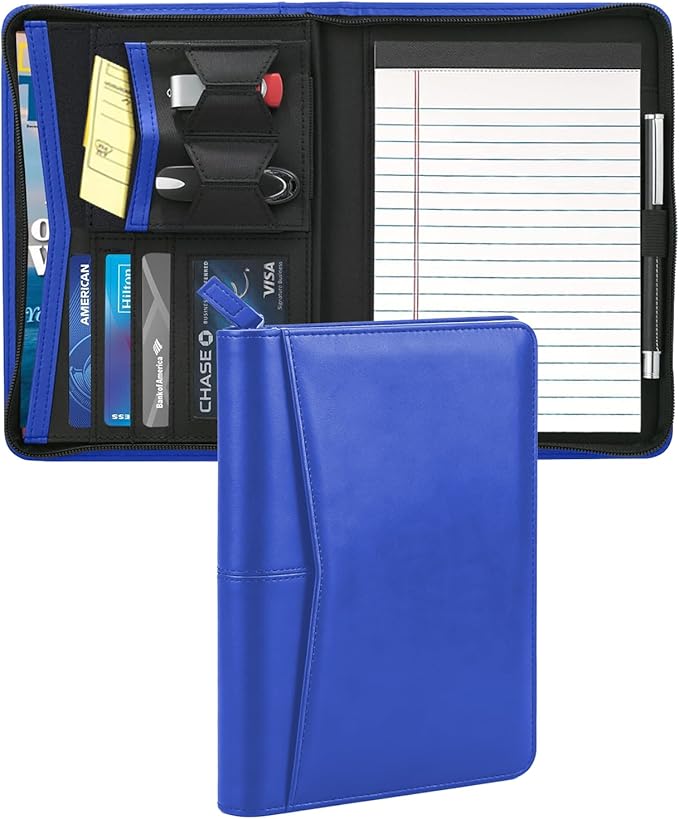 Junior Padfolio/Resume Portfolio Binder with Refillable Lined Notepad, A5 Padfolio Folder, Business Portfolio, Multi-Function Case, A5 Writing Pad Included, Royal Blue