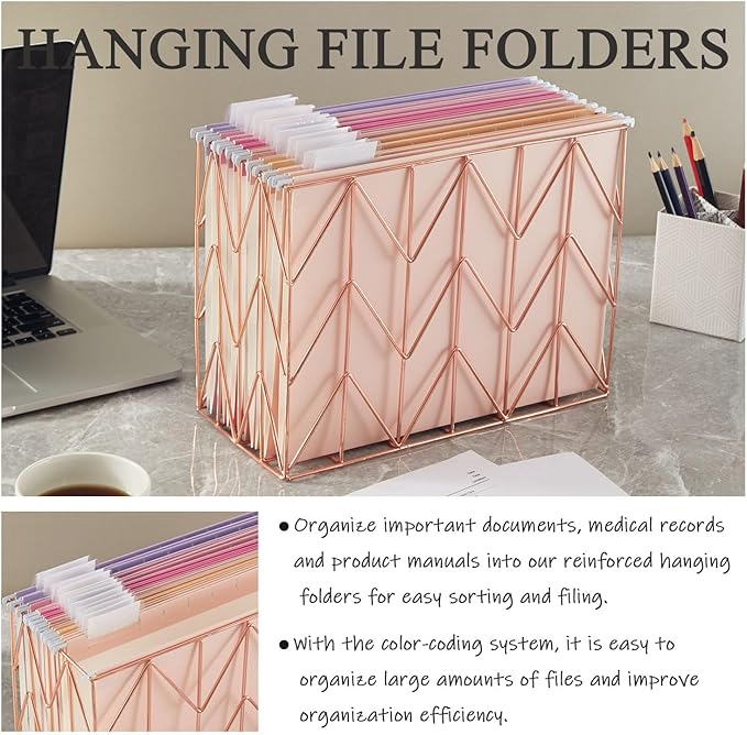 12 Pack Hanging File Folders Letter Size, Reinforced Folders with 1/5-Cut Adjustable Tabs for Filing Cabinet, Durable School & Office File Organizer, Pink Design