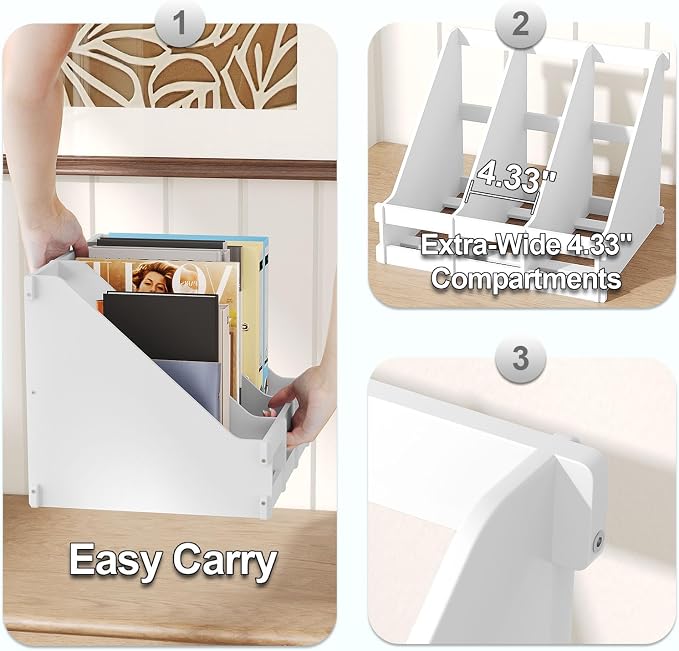 Bamboo Desktop Magazine Holder Desk File Organizer 3 Compartments Vertical File Dividers Book Holder Frames Document Cabinet Rack Storage Organizer Box for Home Office School Black (White)