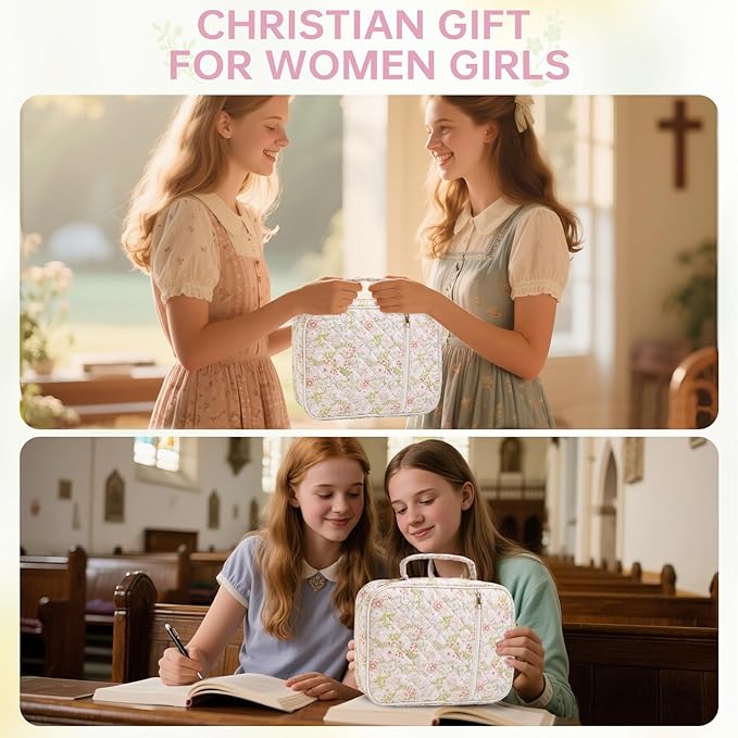 Bible Cover Case for Women Large Bible Cover with Durable Handle Quilted Bible Carrying Case for Girls Bible Study Supplies Accessories (Jungle Flowers, Jungle Flowers)