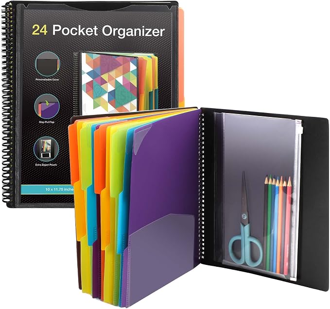 KTRIO 24 Pocket Project Organizer, Letter Size Spiral Binder,Black | 24 Pocket Storage,Letter Size Fit,Water-Resistant Poly,Zip Pouch Included,Writable Color Tabs