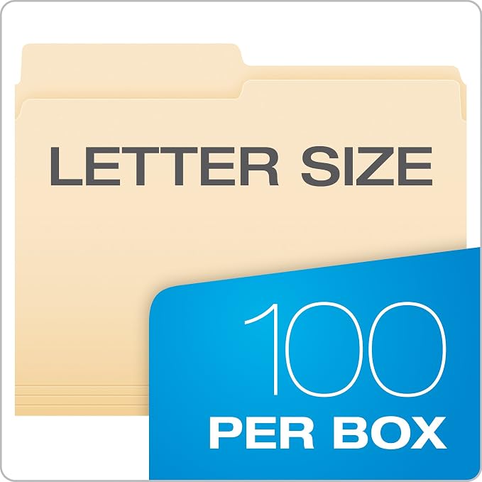 Pendaflex File Folders, Letter Size, Manila, 1/2 Cut, 100/BX (752 1/2), Letter (Pack of 5)