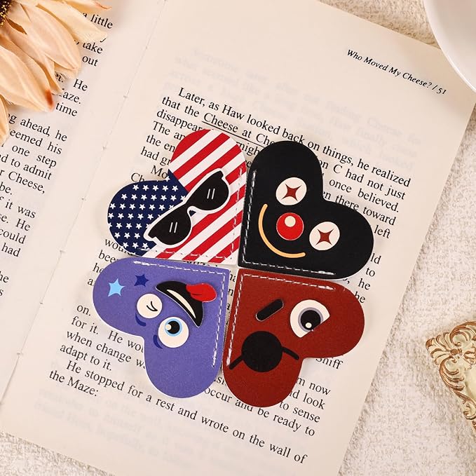 VYRANA 4Pcs Leather Heart Bookmarks - Cute Corner Book Marks Sets for Reading, Cool Funny Read Lover Gifts for Women Men Girls Kids Reader, Stylish Book Markers for Reading, Ideal Gifts for Planner
