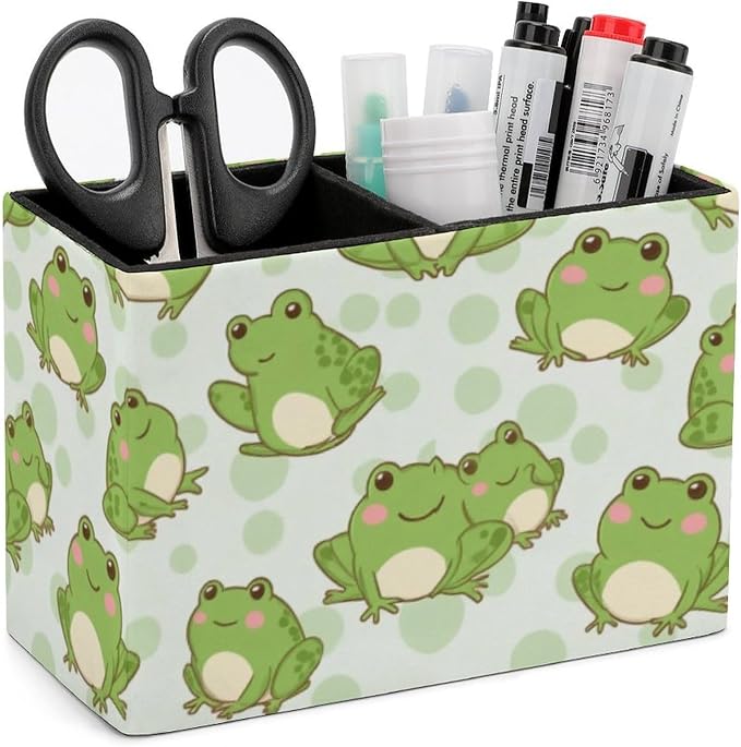 Desk Organizer Pen Holder Cute Frog, Square Multi-Functional Pencil Container for Decoration Home and Office, PU Leather Pen Container