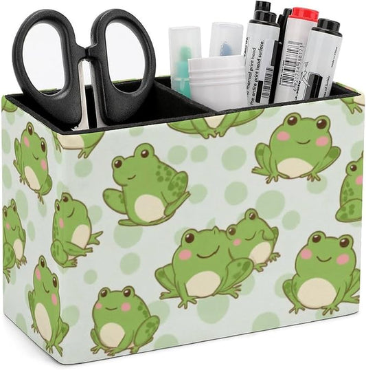 Desk Organizer Pen Holder Cute Frog, Square Multi-Functional Pencil Container for Decoration Home and Office, PU Leather Pen Container
