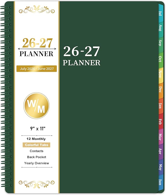 Planner 2026-2027 - Academic Planner 2026-2027, Jul.2026 - Jun.2027, 9"×11", 26-27 planner weekly and monthly with Inner Pocket, Colorful Tabs, Twin-wire Binding - Emerald