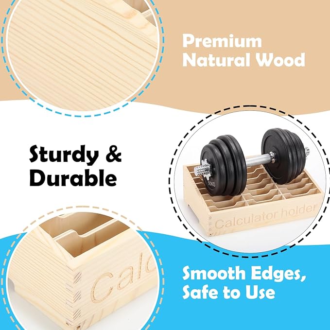 Ripeng 24 Grid Calculator Holder for Classroom with 24 Number Stickers Wooden Calculator Organizer Box Cell Phone Organizer Desktop Storage Tray Caddy for Classroom Office Meeting Room