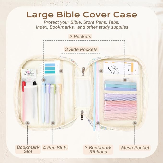 XKDOUS Bible Cover for Women Church Book Holder Quilted Carrying Case with Handle, Tabs, Study Supplies Portable Bible Bag Journaling Kit Christian Gifts for Mom Lady