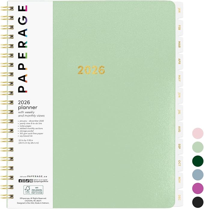 PAPERAGE 2026 Weekly & Monthly Planner, Jan-Dec 2026, 9.2x11.2in, Sage Green