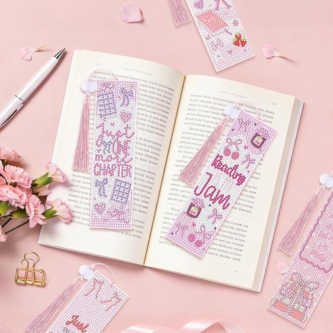 8 Pieces Christian Bible Verse Diamond Art Bookmarks 5d Christian Beaded Bookmark Acrylic Tassel Bookmark for DIY Making Beginners Adults Arts Craft Supplies (Pink Bow-1)