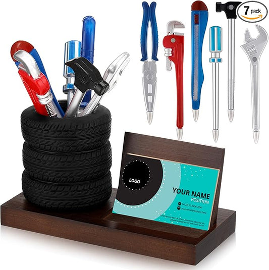 Feifeiya 7 Pcs Tire Pen Holder Tire Shape Funny Desk Accessories Include 6 Pcs Novelty Tool Car Business Card Holder Gift for Men Father's Day Mechanic Car Lover Salesman(Black,Walnut,Wood)