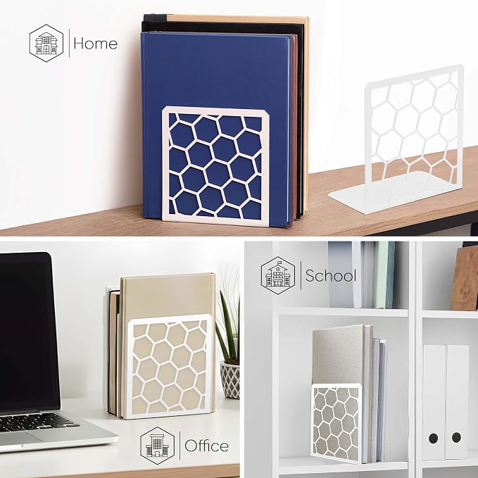 White Geometric Honeycomb Metal Bookends - Book Ends for Shelves - Decorative Modern Heavy Duty Bookend Stopper - Book Ends for Heavy Books - Home Office Book Holder - 1 Pair, 6x3.25x6.25 in