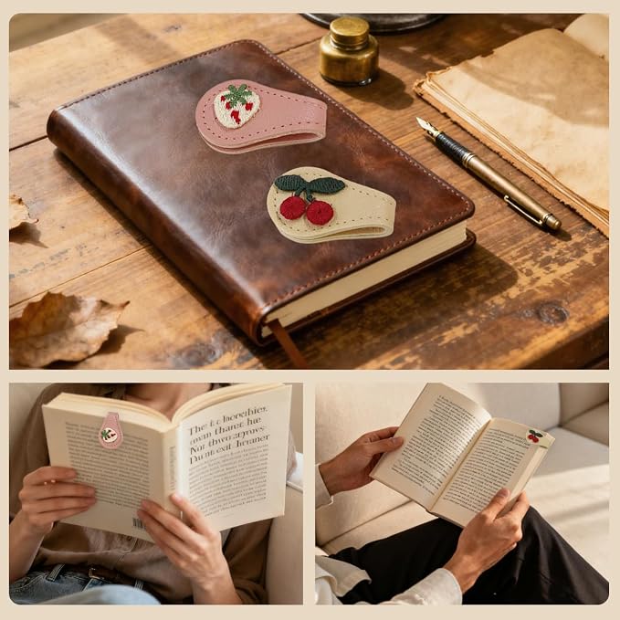 2Pcs Magnetic Leather Bookmark Set, Embroidery Magnetic Bookmarks Clips for Book Lovers Reading, Book Accessories(Pink Strawberry, White Cherry)