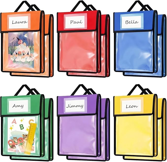 Teling 12 Pack 11 x 14 Inch Clear Book Pouches with Handles and Name Tags, Heavy Duty Reusable Library Book Bags for Classroom, Students Kids and Teacher Supplies (Colorful)
