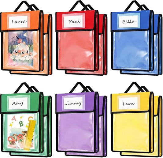 Teling 12 Pack 11 x 14 Inch Clear Book Pouches with Handles and Name Tags, Heavy Duty Reusable Library Book Bags for Classroom, Students Kids and Teacher Supplies (Colorful)