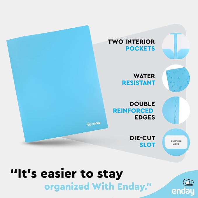 Folders with 2 Pockets Blue, Colored Plastic File School Folder Letter Size, Heavy Duty Poly Portfolio Folder with Two-Pockets, Also Available in Purple, Green, Red, Pink, and Grey, 1 Pc - By Enday