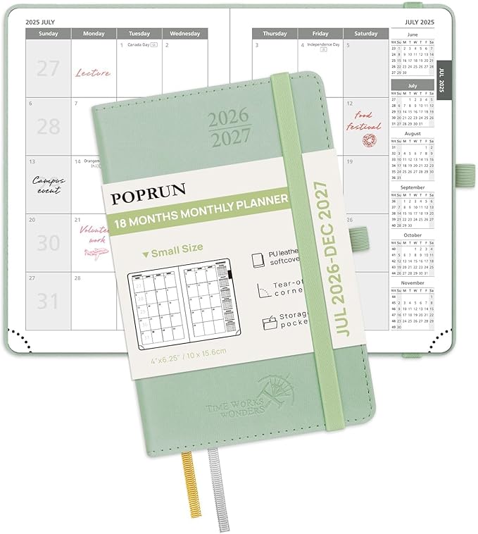 POPRUN Pocket Monthly Planner 2026-2027 (Pocket- 4''x 6.25''Soft Leather Cover) - 18 Month Calendar Book for Purse (Jul.2026-Dec.2027), 100 GSM Thick Paper - Celadon Green