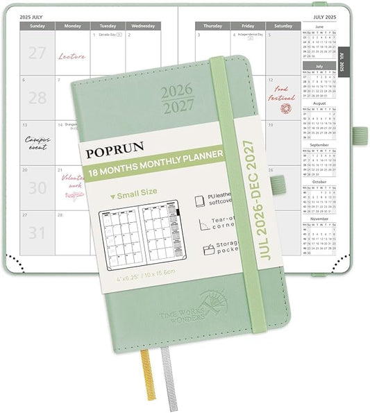 POPRUN Pocket Monthly Planner 2026-2027 (Pocket- 4''x 6.25''Soft Leather Cover) - 18 Month Calendar Book for Purse (Jul.2026-Dec.2027), 100 GSM Thick Paper - Celadon Green