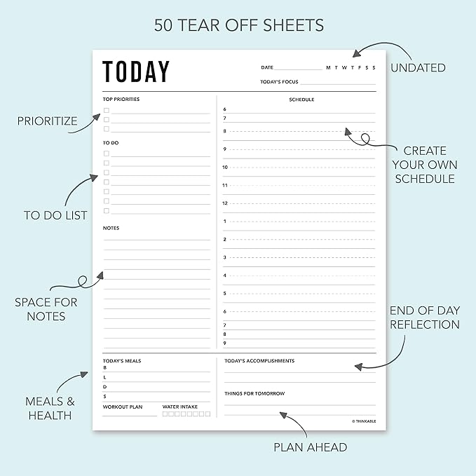 Daily Planner Notepad 2pk, 50 Sheets Tear Off, 8.5" x 11" To Do List Notebook with Hourly Schedule Task Planner
