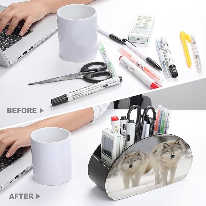 Remote Control Holder,Two Wolves Walking in The Snow Printed PU Leather Remote Caddy Desktop Organizer with 5 Compartments for Media Accessories & Office Supplies Storage