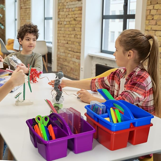 6 Pack Classroom Caddy with Handle Plastic Storage Caddy Organizer with 3 Compartments for Pencil, Crayon, Marker, School Supplies (6, Colorful)