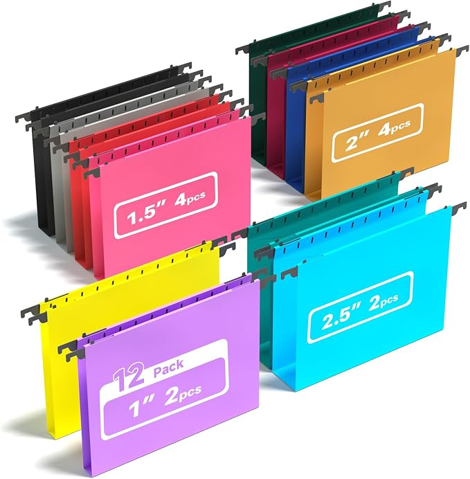 Ansook Plastic Hanging File Folders, 12 Pack Assorted Colors, Letter Size Hanging Folders with Mixed Expansion Sizes: 2×1", 4×1.5", 4×2", 2×2.5", Heavy Duty Document Organizer for Filing Cabinet