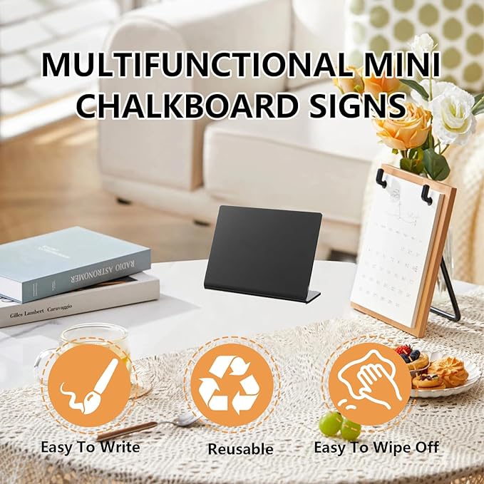 L-Shaped Mini Chalkboard Signs, Food Labels for Party Buffet, Reusable Tabletop Signs for Buffet, Bakery, Wedding, Party (12 Pack, 4"x3"), Includes 7 Color Chalk Markers, Cleaning Cloth