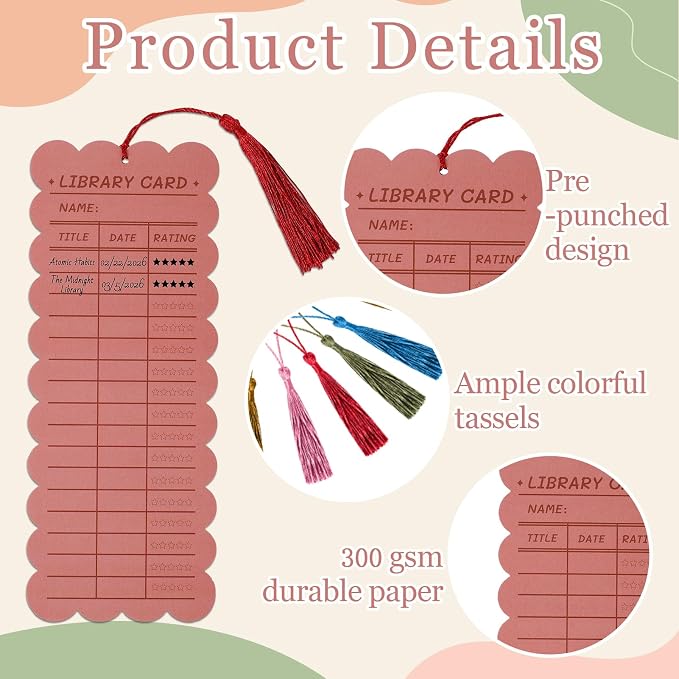 50 PCS Reading List Bookmarks Book Tracker with 50 Bookmark Tassels, 3 x 8 Inch Morandi Library Card Reading Log Bookmark for Teachers Women Book Lovers
