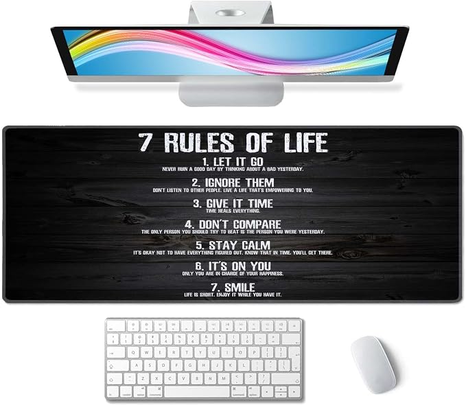 Gaming Mouse Pad, Large Non-Slip Rubber Base Mousepad, Keyboard Mouse Mat, Desk Pad with Stitched Edges, 31.5x11.8inch, 7 Rules of Life Motivational Quotes