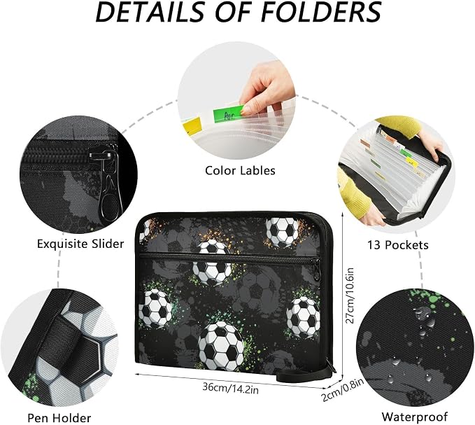 Grunge Urban Soccer Ball File Folders, Plastic Folders with 13 Pockets, Expandable File Folder for Documents School Students Office, Aesthetic Folder with Labels A4 Letter Size
