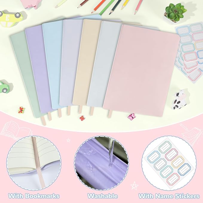 QOUBAI Jumbo Stretchable Book Covers 7PCS Reusable Fabric Book Covers with Label 9x11in Pastel Girls Protective Sleeve for Hardcover Book Textbook Cover for School Fits Most Book Sizes Up to 10x12.5in