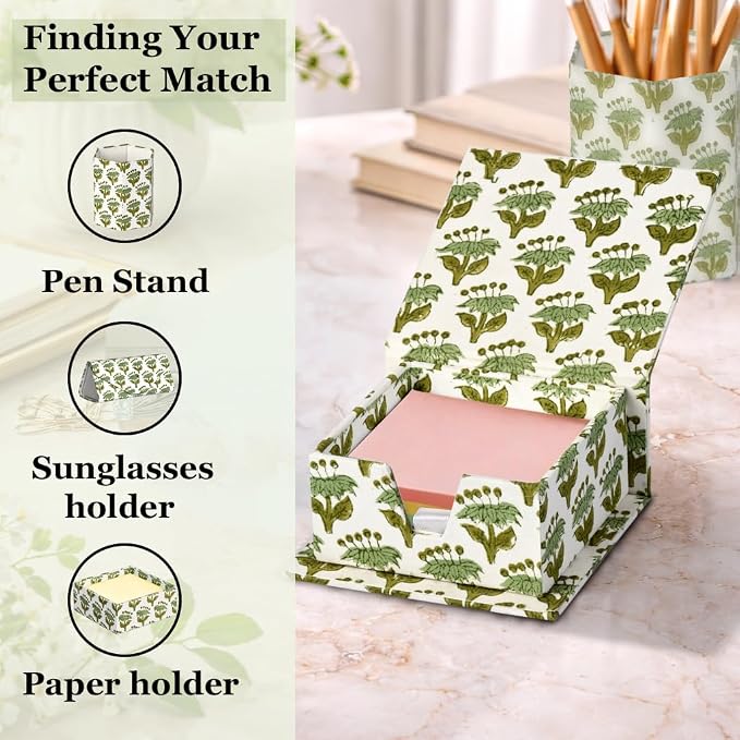 CPC Emerald Green Block Print Cotton Desk Organizer Sticky Note Holder, 4'' X 4'' X 2'' Cute, Aesthetic, Decor Accessories, Workspace Organizers, Caddy Storage, Gift for Office, Professionals, Student