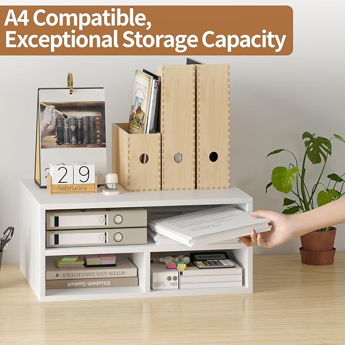 Desktop Printer Table with Storage, 2 Tier Printer Stand for Desk, Desk Organizers and Accessories for Home Office, White