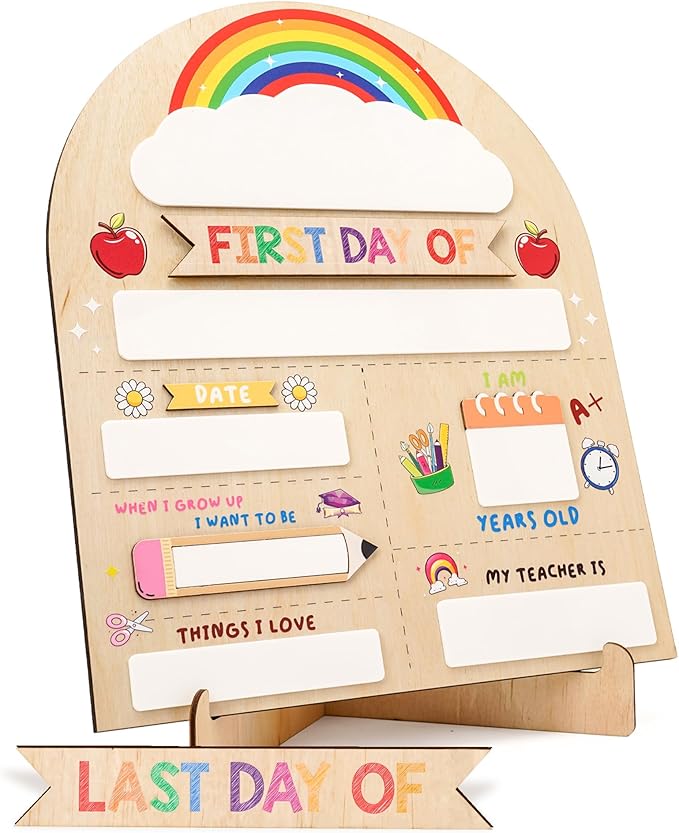 12"x10" Back to School Sign, My First & Last Day of School Board for Kids, Reusable Back to Class Wooden Chalkboard for Preschool, Pre-K, and Kindergarten, Easy to Write & Clean Board
