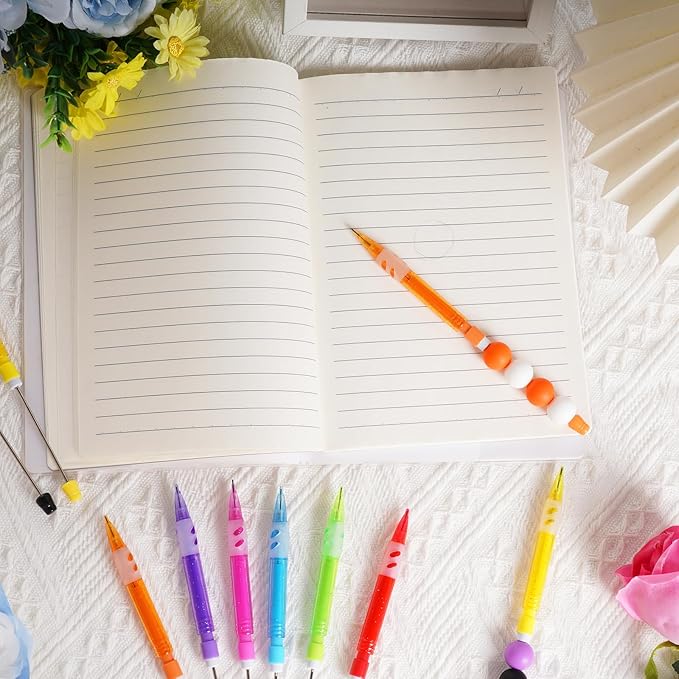 16 Pcs Beadable Pencils, Beadable Mini Mechanical Pencil, Beadable Stylus Pencils with Silicone Hand Guard for Writing Drawing Sketching DIY Crafting (8 Colors)
