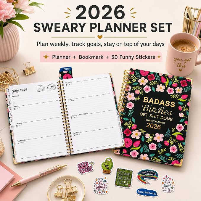 Badass Bitches Get Shit Done Sweary A5 Planner 2026-2027 - 6.2*8.5" Weekly Monthly You Are A Badass Calendar for Women, Fuck It Swear Daily Notebook Goals Productivity Journal Affirmations Gift, Black