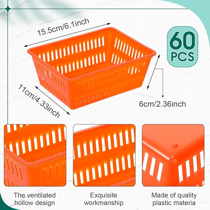 Sherr 60 Pack Classroom Storage Basket Small Plastic Basket for Organizing Crayon Pencil Container Storage Bin Tray Holder for Paper Shelf Back to School Office Supply 6.1"l x 4.3"w x 2.4"h (Colorful)