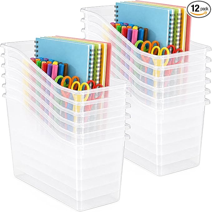 Fuutreo 12 Pcs Pieces Book Bins for Classroom Plastic Binder Holder Magazine Stuff Folder File Organizer Box for Home Office School Supplies (Clear)