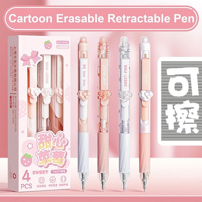 MOZXIRZ 4 Pcs Erasable Gel Pens Cute Pink Retractable Pens Cartoon Heart Erasable Pen 0.5mm Black Ink Kawaii Writing Pen for Women Office School Supplies (Heart-Black Ink)