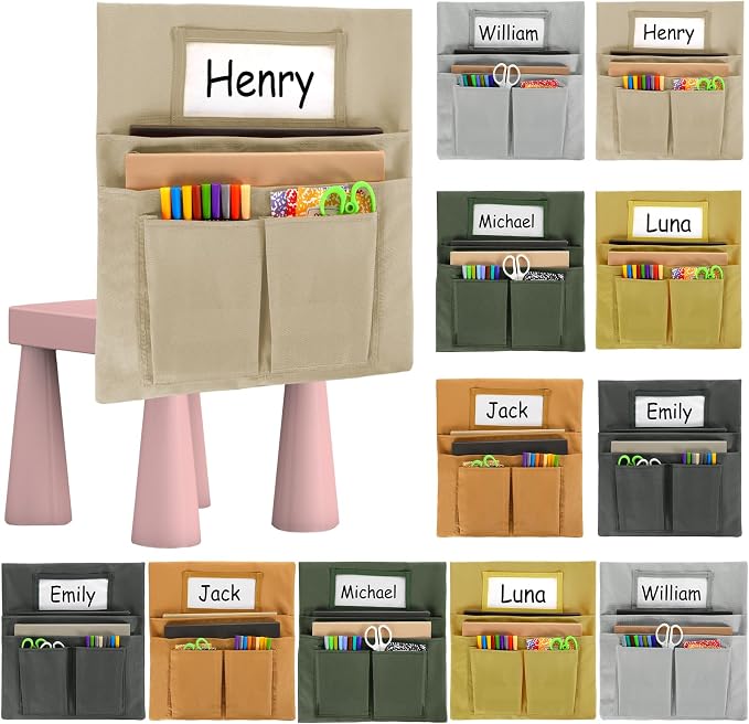 gisgfim 12 Pcs Small Chair Pockets for Classroom 13 x 14 Inch Bag with Name Tag Multi Pockets Chairsback Pouch Organizer for Student Kindergarten Elementary Daycare (Earth Color)