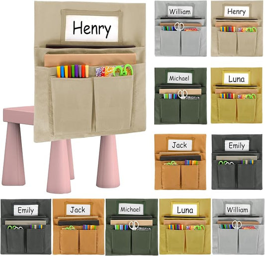gisgfim 12 Pcs Small Chair Pockets for Classroom 13 x 14 Inch Bag with Name Tag Multi Pockets Chairsback Pouch Organizer for Student Kindergarten Elementary Daycare (Earth Color)