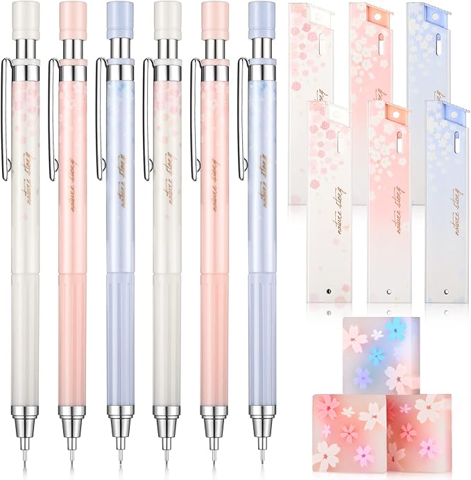 15 Pcs 0.5 mm Mechanical Pencil Set Include 6 Pcs Japanese Cute Pencils with 6 Tubes Pencil Refill and 3 Cute Cherry Erasers for Sketching Architecture Drawing
