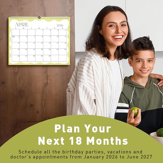 S&O Modern Wavy Wall Calendar from January 2026-June 2027 - Tear-Off Monthly Calendar - 18 Month Academic Wall Planner - Hanging Organizer to Track Anniversaries & Appointments - 13.5"x10.5”in
