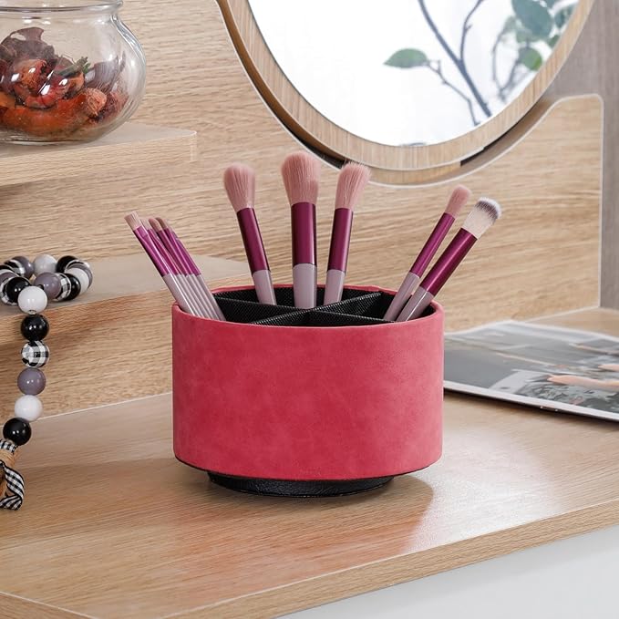 Remote Control Holder For Table, 360 Degree Spinning Desk Organizer For Bedside Night Stand, TV Remote Caddy with 4 Compartments, Office Rotating Pen Holder Red PH124