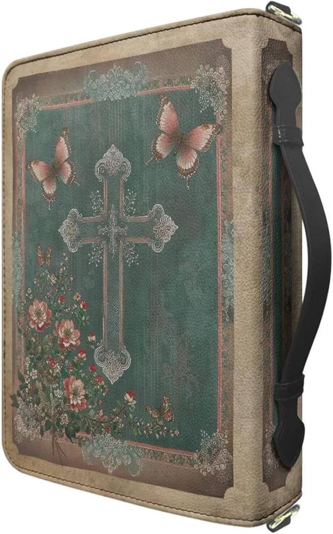 Large Bible Cover for Women, Green Bible Bag with Strap and Handle, Boho Crucifix Print PU Leather Biblia Carrier with Inner Pockets and Pen Loop, Christian Gifts for Women