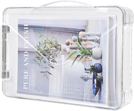 Clear Storage Boxes with Lid - A4 Transparent Paper Storage Organiser with Handle and Portable Project Case Drawer Organizer for Storing Certificates, Photos, Scrapbook, Toys, and Invoices