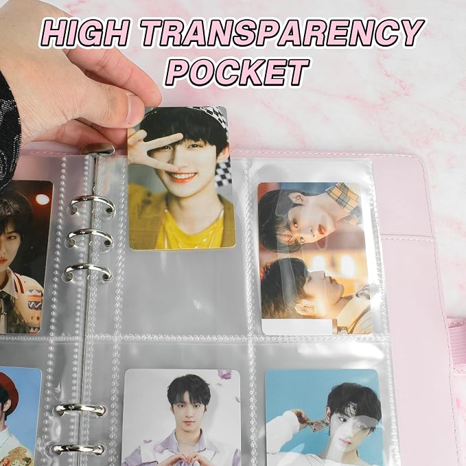 A5 Kpop Photocard Binder, 6 Ring Binder Album with 200 Card Slots, PU Leather Binder Cover with Magnetic Buckle Closure for Organizing Trading Cards - Pink